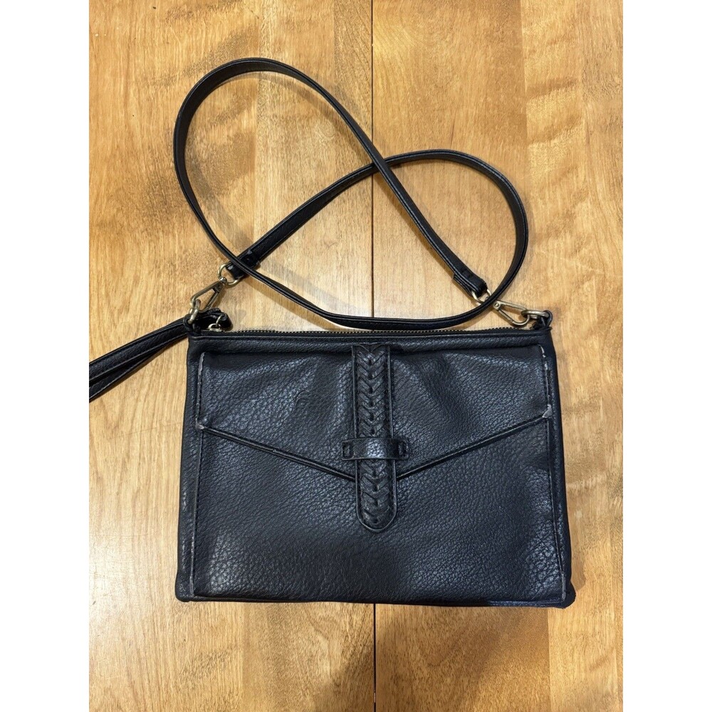Lucky Brand Black Leather Pebbles Crossbody Bag Foldover Wallet Purse Distressed - Picture 1 of 16